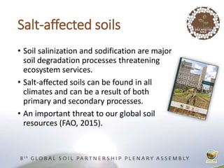 Salt-affected soils
• Soil salinization and sodification are major
soil degradation processes threatening
ecosystem services.
• Salt-affected soils can be found in all
climates and can be a result of both
primary and secondary processes.
• An important threat to our global soil
resources (FAO, 2015).
 