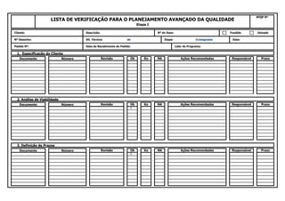 Prazo
X
3. Definição de Prazos
Documento Número Revisão Ok Ko NA Ações Recomendadas Responsável
Responsável Prazo
X
2. Análise de Viabilidade
Documento Número Revisão Ok Ko NA Ações Recomendadas
Responsável Prazo
1. Especificação do Cliente
Documento Número Revisão Ok Ko NA Ações Recomendadas
Etapa: Cronograma Data:
Pedido Nº: Data de Recebimento do Pedido: Lider do Programa:
Nº Desenho: Alt. Técnica: de
Fundido Usinado
LISTA DE VERIFICAÇÃO PARA O PLANEJAMENTO AVANÇADO DA QUALIDADE
Etapa I
APQP Nº
Cliente: Descrição: Nº do Item:
 