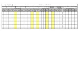 10 de 15
PEÇAS APROVADAS
DURANTE O ESTUDO
CAPACIDADE
DISPONÍVEL >
CAPACIDADE
AVALIADA (S/ N)
QUANTIDADE DE
PEÇAS REJEITADAS
DURANTE O ESTUDO
TEMPO DE PARADA
DURANTE O ESTUDO
(min)
QUANTIDADE DE
PEÇAS CONTRATA-
DAS POR DIA
%
UTILIZAÇÃO
COLOQUE "X"
SE A UTILIZAÇÃO
FOR MAIOR QUE
90%
MÍNIMO MÁXIMO
TOTAL DE PEÇAS
PRODUZIDAS
(TODOS OS
CLIENTES)
TEMPO
ALOCADO
P/OUTROS
CLIENTES
(min / dia)
TEMPO DISPONÍVEL
PARA A PEÇA EM
ESTUDO
(min / dia)
TEMPO DE CICLO
DA LINHA
(seg / pça)
%
REFUGO
%
REFUGO
REAL
ESTIMATIVA DA
PRODUÇÃO TOTAL
POR DIA
TEMPO TOTAL DE
TRABALHO POR DIA
(min)
PARADAS
PROGRAMADAS
(min / dia)
SET UP / TROCA DE
FERRAMENTAS
(min)
MANUTENÇÃO
PROGRAMADA
(min / dia)
PARADAS NÃO
PROGRAMADA
(min / dia)
TEMPO DISPONÍVEL
POR DIA
(min)
AVALIAÇÃO DO SISTEMA (TEMPO) CAPACIDADE DO SISTEMA (UNIDADES) ESTOQUE REGULADOR RESULTADO DOS ESTUDOS DE RUN @ RATE
ITEM
LINHA DE
PRODUÇÃO
TURNOS DE
TRABALHO
(semana)
TURNOS DE
TRABALHO
(dia)
TEMPO TOTAL DE
TRABALHO POR
TURNO
(min)
DIA DIA
de 00/01/00
ANO ANO
0 0 0 0 0
AUMENTO DA CAPAC. CONTRATADA CAPACIDADE CONTRATADA REV. DATA REVISÃO DATA INICIAL PÁGINA
RUN @ RATE ESTUDO DA CAPACIDADE PRODUTIVA
ELABORADO POR: CLIENTE PRODUTO Nº DO PRODUTO Nº DESENHO ALTERAÇÃO TÉCNICA
 