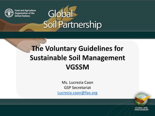 The Voluntary Guidelines for
Sustainable Soil Management
VGSSM
Ms. Lucrezia Caon
GSP Secretariat
Lucrezia.caon@fao.org
 