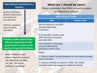 International manufacturers /
Industry
Fertilizer quality laboratories –
officially appointed by their
government to check on the
quality of imported fertilizers
MAIN AREAS OF WORK
INFA Fertilizer Code
Ask the industry to use INFA
Standard Operating
Procedures.
If not possible, industry used
SOPs should be compared
with INFA SOPs
Harmonization of sampling
protocols (IFA already
published a SOP on this)
Notes:
1. Vinisa to check if quality guidelines for the industry already
exist at this level
2. Industry methods are based on AOAC, ISO, EN/EU
standards which are recognized validated methods
What can / should be done?
Please remember that INFA is meant to work
on laboratory analysisQuality of fertilizers
during transportation
ensured by the
manufacturers
However, secondary
stops should be
considered
Note: Problems start
when imported products
are modified, blended,
cut, etc. The initial
product is modified
 