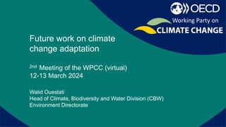Report on recent activities of the
secretariat
Future work on climate
change adaptation
2nd Meeting of the WPCC (virtual)
12-13 March 2024
Walid Oueslati
Head of Climate, Biodiversity and Water Division (CBW)
Environment Directorate
Working Party on
 