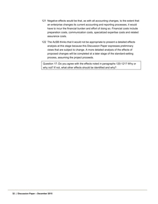 121 Negative effects would be that, as with all accounting changes, to the extent that
an enterprise changes its current accounting and reporting processes, it would
have to incur the financial burden and effort of doing so. Financial costs include
preparation costs, communication costs, specialized expertise costs and related
assurance costs.
122 The AcSB thinks that it would not be appropriate to present a detailed effects
analysis at this stage because this Discussion Paper expresses preliminary
views that are subject to change. A more detailed analysis of the effects of
proposed changes will be completed at a later stage of the standard-setting
process, assuming the project proceeds.
Question 17: Do you agree with the effects noted in paragraphs 120-121? Why or
why not? If not, what other effects should be identified and why?
32 | Discussion Paper – December 2015
 