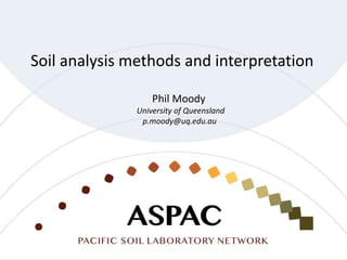 Soil analysis methods and interpretation
Phil Moody
University of Queensland
p.moody@uq.edu.au
 