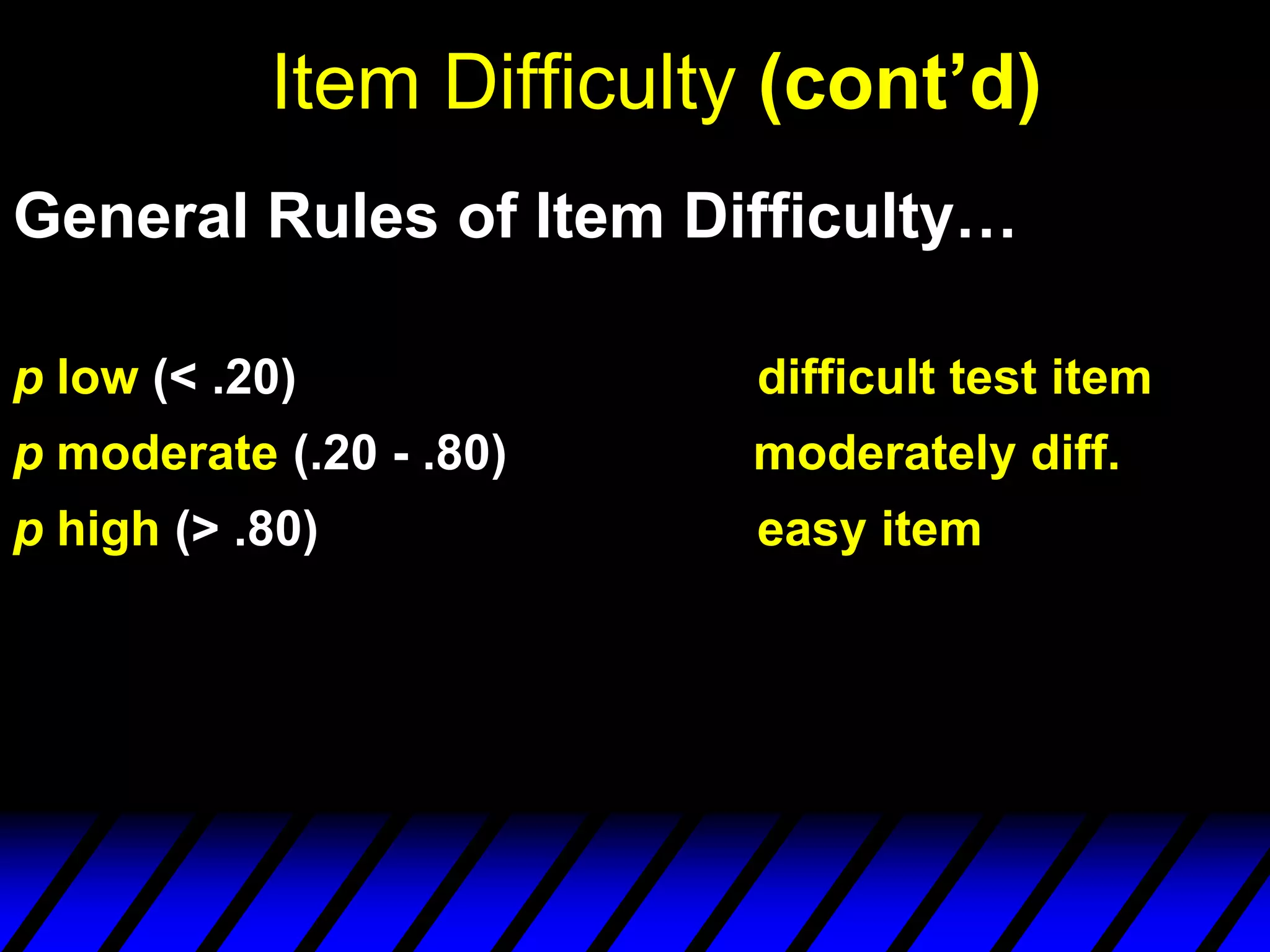 Item Difficulty (cont’d)
General Rules of Item Difficulty…

p low (< .20)             difficult test item
p moderate (.20 - .80)    moderately diff.
p high (> .80)            easy item
 