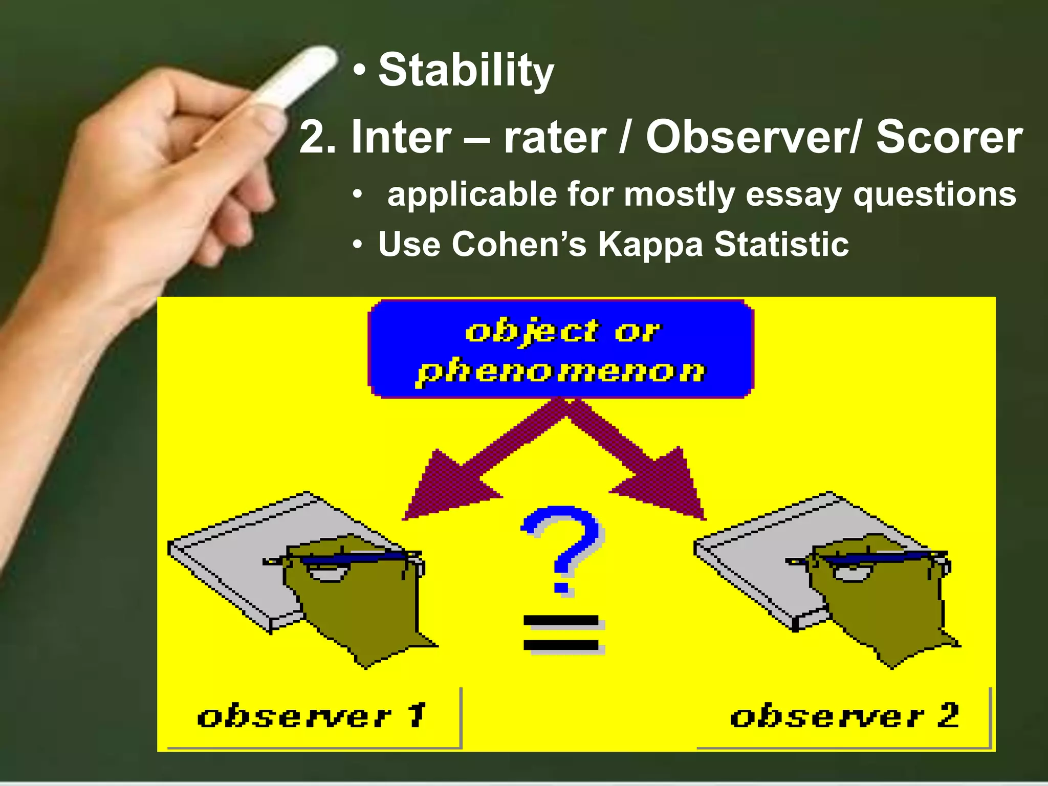 • Stability
2. Inter – rater / Observer/ Scorer
• applicable for mostly essay questions
• Use Cohen’s Kappa Statistic
 
