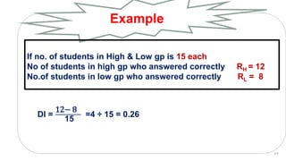 DI =
12− 8
15
=4 ÷ 15 = 0.26
Example
2 5
If no. of students in High & Low gp is 15 each
No of students in high gp who answered correctly RH = 12
No.of students in low gp who answered correctly RL = 8
 