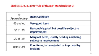 Ebel’s (1972, p. 399) “rule of thumb” standards for DI
DI
Approximately
Item evaluation
.40 and up Very good items
.30 to .39
Reasonably good, but possibly subject to
improvement
.20 to .29
Marginal Items, usually needing and being
subject to improvement
Below .19
Poor items, to be rejected or improved by
revision
29
 
