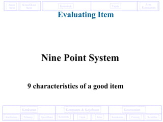 Konstruk Tajuk
Aras
Kesukaran
Janis
Item
Klasifikasi
Item
PentingKurikulum
KesesuaianKeakuran Ketepaten & Kejelasan
Kesukaran KeadilanPeluang Spesifikasi Konstruk Tajuk Jelas
Evaluating Item
Nine Point System
9 characteristics of a good item
 