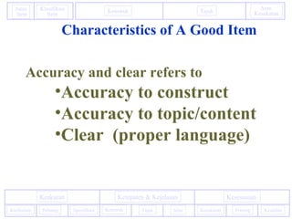 Konstruk Tajuk
Aras
Kesukaran
Janis
Item
Klasifikasi
Item
PentingKurikulum
KesesuaianKeakuran Ketepaten & Kejelasan
Kesukaran KeadilanPeluang Spesifikasi Konstruk Tajuk Jelas
Characteristics of A Good Item
Accuracy and clear refers to
•Accuracy to construct
•Accuracy to topic/content
•Clear (proper language)
 