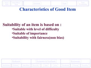 Konstruk Tajuk
Aras
Kesukaran
Janis
Item
Klasifikasi
Item
PentingKurikulum
KesesuaianKeakuran Ketepaten & Kejelasan
Kesukaran KeadilanPeluang Spesifikasi Konstruk Tajuk Jelas
Characteristics of Good Item
Suitability of an item is based on :
•Suitable with level of difficulty
•Suitable of importance
•Suitability with fairness(non bias)
 