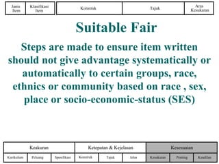 Konstruk Tajuk
Aras
Kesukaran
Janis
Item
Klasifikasi
Item
PentingKurikulum
KesesuaianKeakuran Ketepatan & Kejelasan
Kesukaran KeadilanPeluang Spesifikasi Konstruk Tajuk Jelas
Suitable Fair
Steps are made to ensure item written
should not give advantage systematically or
automatically to certain groups, race,
ethnics or community based on race , sex,
place or socio-economic-status (SES)
 