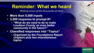 • More than 5,000 inputs
• 3,500 response to prompt #1
– “What do we need to do to make
Loudoun County an even better
community in the future?”
• Classified responses into “Topics”
– Organized by the Foundations Report
chapters plus two miscellaneous
topics
Reminder: What we heard
Making sense of the thousands of ideas
 