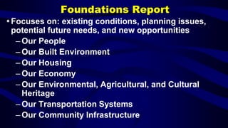 Foundations Report
Focuses on: existing conditions, planning issues,
potential future needs, and new opportunities
– Our People
– Our Built Environment
– Our Housing
– Our Economy
– Our Environmental, Agricultural, and Cultural
Heritage
– Our Transportation Systems
– Our Community Infrastructure
 
