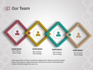 Our Team
Lorem Ipsum
CEO, Product,
Visual Design
CEO, Product,
Visual Design
CEO, Product,
Visual Design
CEO, Product,
Visual Design
Lorem ipsum dolor sit amet, consectetuer adipiscing elit. Maecenas porttitor congue
massa. Fusce posuere, magna sed pulvinar ultricies, purus lectus malesuada libero,
sit amet commodo magna eros quis urna.
Lorem Ipsum Lorem Ipsum Lorem Ipsum
 