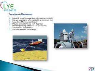Operations & Maintenance

   Establish a maintenance regime to improve reliability
   Provide redundancy where possible at minimum cost
   Breakdown Maintenance/ Repair
   Include simulations and fault diagnosis
   Develop servicing schedules and procedures
   Autonomous Maintenance
   Vibration Analysis for bearings
 