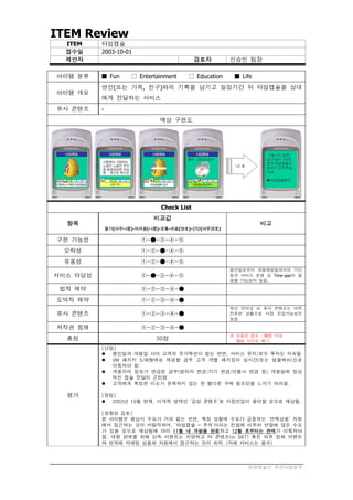 ITEM Review
  ITEM    타임캡슐
  접수일     2003-10-01
  제안자                                       검토자       신승민 팀장

아이템 분류    ■ Fun       □ Entertainment   □ Education    ■ Life
          연인(또는 가족, 친구)와의 기록을 남기고 일정기간 뒤 타임캡슐을 상대
아이템 개요
          에게 전달하는 서비스
유사 콘텐츠    -
                               예상 구현도




                               Check List
                             비교값
  항목                                                            비고
              불가(아주나쁨)-어려움(나쁨)-보통-쉬움(양호)-간단(아주양호)

구현 가능성                   ①-●-③-④-⑤
 오락성                     ①-②-●-④-⑤
 유용성                     ①-②-●-④-⑤
                                                      봉인일로부터 개봉예정일까지의 기간
서비스 타당성                  ①-●-③-④-⑤                    동안 서비스 운영 상 Time-gap이 발
                                                      생할 가능성이 높음.

 법적 제약                   ①-②-③-④-●
도덕적 제약                   ①-②-③-④-●
                                                      무선 인터넷 내 유사 콘텐츠는 아직
유사 콘텐츠                   ①-②-③-④-●                    전무한 상황으로 시장 진입가능성은
                                                      높음

저작권 침해                   ①-②-③-④-●
                                                      ※ 상품성 검토 : 30점 이상
  총점                          30점                       30점 미만은 폐기.
          [단점]
           봉인일과 개봉일 사이 고객의 추가액션이 없는 반면, 서비스 유지/보수 투자는 지속됨
           VM 패키지 S/W형태로 제공할 경우 고객 개별 패키징이 실시간(또는 일괄배치)으로
             이뤄져야 함.
           개봉자의 정보가 변경된 경우(명의자 변경/기기 변경/이통사 변경 등) 개봉일에 정상
             적인 캡슐 전달이 곤란함.
           고객에게 특정한 이슈가 존재하지 않는 한 별다른 구매 필요성을 느끼기 어려움.

  평가      [장점]
           2003년 10월 현재, 미개척 영역인 ‘감성 콘텐츠’로 시장진입이 용이할 것으로 예상됨.

          [방향성 검토]
          본 아이템은 평상시 수요가 거의 없는 반면, 특정 상황에 수요가 급증하는 ‘반짝상품’ 차원
          에서 접근하는 것이 바람직하며, ‘타임캡슐 = 추억’이라는 컨셉에 비추어 연말에 많은 수요
          가 있을 것으로 예상됨에 따라 11월 내 개발을 완료하고 12월 초부터는 판매가 이뤄져야
          함. 대량 판매를 위해 단독 이벤트는 지양하고 타 콘텐츠(or SKT) 혹은 외부 업체 이벤트
          와 연계해 마케팅 상품화 차원에서 접근하는 것이 최적. (자체 서비스는 필수)




                                                           ㈜큐앤솔브 무선사업본부
 