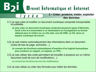 3.1) Je sais créer et modifier un document numérique composite transportable et publiable. Je sais créer un document numérique contenant pluseiurs types d’éléments, facile à lire et à transmettre à un destinataire en l'enregistrant au format adéquat pour le mettre sur un site web, une clé USB, un CD, dans un espace numérique de travail... 3.2) Je sais insérer automatiquement des informations dans un document (notes de bas de page, sommaire…).  Je connais les fonctions automatiques d'insertion d'un logiciel bureautique pour produire un rapport, un exposé, un TPE... 3.3) Je sais utiliser des outils permettant de travailler à plusieurs sur un même document (outil de suivi de modifications…). Je connais les fonctions de suivi de modifications 3.4) Je sais utiliser ou créer des formules pour traiter les données. 3 – Créer, produire, traiter, exploiter des données 