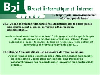 L1.5 : Je sais m’affranchir des fonctions automatiques des logiciels (saisie, mémorisation, mot de passe, correction orthographique, incrémentation...). Je sais activer/désactiver le correcteur d’orthographe, en changer la langue,  Je sais désactiver les fonctions automatiques : mise en forme automatique (puces, formules…), dans un navigateur, l’enregistrement automatique d’informations (mot de passe…) ‏ .  L1.Optionnel 1 : je sais utiliser une plate-forme de travail de groupe. J'utilise  travaux dans Dokeos ou dans IACA, des services collaboratifs en ligne comme Google Docs par exemple, pour travailler en collaboration avec des camarades pour un exposé ou autre travail de groupe... 1 – S'approprier un environnement informatique de travail 