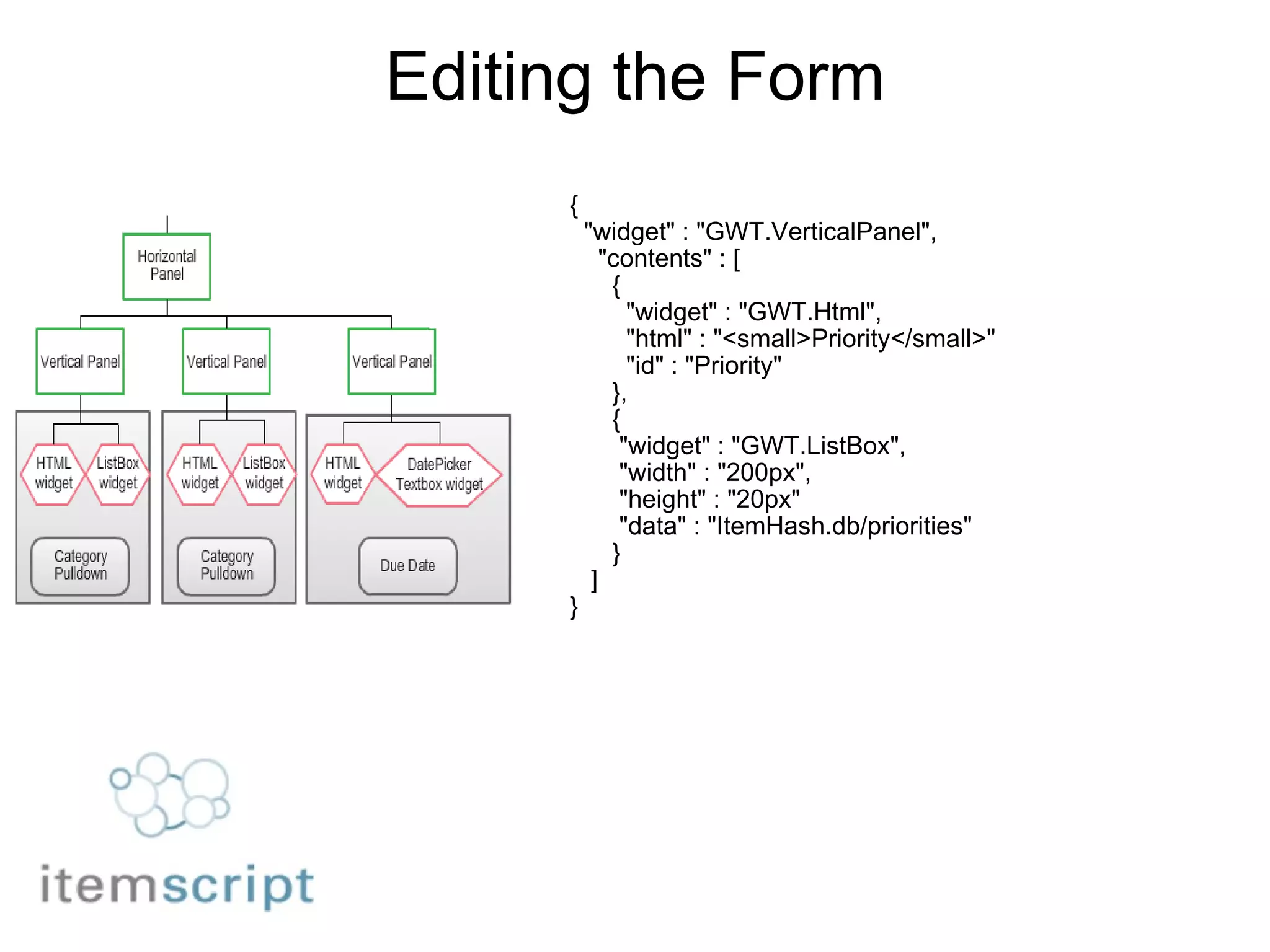Editing the Form                    {                                 "widget" : "GWT.VerticalPanel",                                     "contents" : [                         {                           "widget" : "GWT.Html",                           "html" : "<small>Priority</small>"                           "id" : "Priority"                         },                         {                          "widget" : "GWT.ListBox",                          "width" : "200px",                          "height" : "20px"                          "data" : "ItemHash.db/priorities"                          }                      ]                   } 