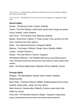 Ethereal Blade - A situational item. When you realize that your stun is no longer enough to
slow down your fast target.

Black King Bar - Anti Spell item. Cast Avatar to show your bigger ass to opponent's magic
users.

Neutral Agility
Gondar - The Bounty Hunter | Vladmir, Butterfly
Traxex - The Drow Ranger | wraith band, power tread, sange and yasha,
buriza, butterfly, Lothar, Butterfly
Dark Terror - The Faceless Void | Madness, Butterfly
Meepo - Geomancer | Vladmir, P-Tread, cuirass, shiva, guinsoo (vs intel
hero), mekansm (buy first), aghinm
Razor - The Lightning Revenant | Vanguard, Mjollnir
Medusa - The Gorgon | Diffusal / Sange Yasha, Butterfly, MKBar
Lanaya - Templar Assassin |
Ulfsaar - The Ursa Warrior | Vladmir, Vanguard
Shendelzare Silkwood - The Vengeful Spirit Bracers, Hood of Defiance Boots of
Travel, The Butterfly, Assault Cuirass (don’t buy heart, skadi, mechanism n lothar), vanguard, HOD,
desolator.

Slark - The Murloc Nightcrawler | Madness, BFury, Butterfly, Cuirass


Scourge Agility
Strygwyr - The Bloodseeker | Sange Yasha, Vladmir, Butterfly,
Radiance,lothar
Bone Clinkz - The Bone Fletcher | MKBar, Butterfly,dagon/orchid, buriza,
butterfly, sange yasha., skadi, soul ring, wband..
Black Arachnia - Broodmother | Butterfly, Cuirass, power tread, bkb,
battle fury, buriza,
Anub`arak - The Nerubian Assassin | Dagon, Vanguard, ETHERAL BLADE,
guinsoo, orkid (situational), battle fury, linken, heart, butterfly, (don buy lifesteal!!!)
 