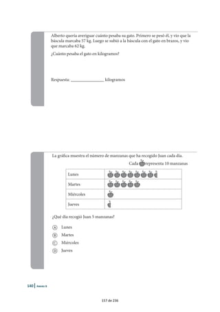 196 
Educación Primaria. Evaluación 2007 
La probabilidad que tendría el alumnado del nivel 150 de responder a una pregunta de alta difi-cultad, 
que consiste en escribir una palabra de las misma familia para cada una de las cuatro 
palabras que aparecen en la pregunta, no llega al 1% y la del alumnado medio estaría en un 
15%, por debajo en ambos casos del porcentaje de aciertos debido al azar, mientras que la de un 
alumno que alcanza el nivel 350 sería de un 57%. 
Pregunta más difícil Porcentaje de respuesta correcta: 20% 
Al lado de cada una de las palabras que aparecen a continuación, escribe una palabra de la misma familia. 
Excluye los aumentativos, diminutivos o despectivos. 
Ratón _______________________________ 
Historia _______________________________ 
Mensaje _______________________________ 
Campo _______________________________ 
Probabilidad de que un alumno responda correctamente a la pregunta por niveles de dominio 
50 100 150 200 250 300 350 400 450 
0,05 0,06 0,07 0,09 0,15 0,32 0,57 0,80 0,93 
Utilización de frases 
La probabilidad que tendría el alumnado del nivel 150 de responder a una pregunta fácil –que 
consiste en señalar lo que significa una expresión– sería de un 48%, la del alumnado medio, de 
un 85%, y la de un alumno del nivel 400 o superior sería del cien por cien. 
Pregunta más fácil Porcentaje de respuesta correcta: 79% 
¿Qué significa la expresión juego limpio? 
Juego sin faltas .......................................................... 1* 
Juego sin riesgo ......................................................... 2 
Juego sin esfuerzo ..................................................... 3 
Juego sin manchas .................................................... 4 
Probabilidad de que un alumno responda correctamente a la pregunta por niveles de dominio 
50 100 150 200 250 300 350 400 450 
0,16 0,28 0,48 0,69 0,85 0,93 0,97 1 1 
101 de 236 
 