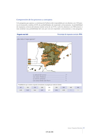 Pregunta más difícil 
PORCENTAJE DE RESPUESTA CORRECTA: 50% 
Señala el fragmento que elegirías para continuar el texto de forma coherente: 
El perro fatigado, tras una larga carrera, se paró a beber agua en el río Nilo. 
–Bebe tranquilo –le dijo un cocodrilo que estaba en el agua. 
–Si te acercas, llamaré a la cebra –respondió el perro. 
Y el cocodrilo cauteloso se marchó . . . . . . . . . . . . . . . . . . . . . . . . . . . . . . . . . . . . . 1 
¡Ja, ja! ¡Eso es lo que tú quisieras! –respondió el perro. 
Y el perro prudente se marchó . . . . . . . . . . . . . . . . . . . . . . . . . . . . . . . . . . . . . . . 2* 
–¡Guau, guau! –replicó el perro con intensos ladridos. 
Y el cocodrilo amedrentado se marchó . . . . . . . . . . . . . . . . . . . . . . . . . . . . . . . . . . . 3 
–Si te aproximas, te morderé en la garganta con mis puntiagudos dientes –respondió el perro. 
Y el cocodrilo precavido se marchó . . . . . . . . . . . . . . . . . . . . . . . . . . . . . . . . . . . . . 4 
94 
Probabilidad de que un alumno responda correctamente a la pregunta por niveles de dominio 
Evaluación de la Educación Primaria 2003 
Evaluación de la Educación Primaria 2003 
50 
0,23 
100 
0,24 
150 
0,26 
200 
0,33 
250 
0,48 
300 
0,69 
350 
0,86 
400 
0,95 
450 
0,98 
115 de 236 
 