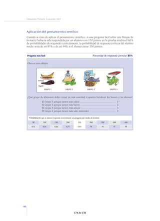 65 
Pregunta de dificultad intermedia Porcentaje de respuesta correcta: 49% 
Se presenta un fragmento de un diálogo entre un padre y una hija en torno a lo que van 
a hacer a lo largo del día. Después de que el alumno ha leído el texto, tiene que responder 
a la pregunta: 
La decisión de Anastasia de asistir a clase se produce... 
Porque es forzada a ir ...............................................................................................................1 
Porque es la clase de su padre .................................................................................................2* 
Porque le han dado razones muy convincentes ........................................................................3 
Porque le han ofrecido una estupenda recompensa ................................................................4 
Probabilidad de que un alumno responda correctamente a la pregunta por niveles de dominio 
50 100 150 200 250 300 350 400 450 
0,18 0,19 0,23 0,30 0,46 0,67 0,84 0,94 0,98 
Pregunta más difícil Porcentaje de respuesta correcta: 23% 
Se presenta un fragmento extraído de “Industrias y andanzas de Alfanhuí” de Sánchez Ferlosio. 
En este fragmento se describe la casa y los jardines que contempla Alfanhuí. Después de que 
el alumno ha leído el texto, tiene que responder a la pregunta: 
El jardín estaba: 
Descuidado .................................................................................................................................1* 
Repleto de árboles .....................................................................................................................2 
Lleno de flores............................................................................................................................3 
Completamente desierto............................................................................................................4 
Probabilidad de que un alumno responda correctamente a la pregunta por niveles de dominio 
50 100 150 200 250 300 350 400 450 
0,08 0,09 0,11 0,14 0,21 0,31 0,46 0,63 0,77 
118 de 236 
 
