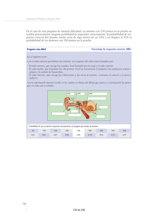 COMPRENSIÓN DE TEXTOS VERBO-ICÓNICOS 
El alumno medio tiene una probabilidad de un 98% de reconocer personajes popu-lares 
del mundo del cómic; una probabilidad algo superior al 50% de relacionar el 
mensaje de un anuncio con un ámbito concreto entre cuatro dados, y tiene una pro-babilidad 
del 25% de ubicar correctamente el lugar en el se pueden hallar los ani-males 
que aparecen dibujados en un anuncio. 
67 
Pregunta más difícil Porcentaje de respuesta correcta: 52% 
El alumno escucha un texto divulgativo en torno a la vida de las ballenas y el motivo por 
el que son cazadas. Después de que el alumno ha escuchado el texto, tiene que responder 
a la pregunta: 
¿Cuál de estas frases es la correcta? 
La orca es potente, gris y voraz ................................................................................................1 
La orca es inteligente, lenta y pacífica ......................................................................................2 
La orca es rápida, inapetente y asesina ...................................................................................3 
La orca es superdepredadora, ágil y buena compañera ..........................................................4* 
Probabilidad de que un alumno responda correctamente a la pregunta por niveles de dominio 
50 100 150 200 250 300 350 400 450 
0,32 0,33 0,36 0,42 0,51 0,63 0,76 0,86 0,93 
Pregunta más fácil Porcentaje de respuesta correcta: 96% 
Se presenta una viñeta en la que aparecen, en una habitación, un padre, un hijo, un perro, un 
programa de dibujos animados en televisión y varios elementos más, y, como único texto, la 
respuesta que el hijo da al padre. Después de que el alumno ha visto y leído el texto, tiene que 
responder a la pregunta: 
¿Qué personaje aparece en la televisión? 
Tarzán .........................................................................................................................................1 
Batman .......................................................................................................................................2* 
Mafalda.......................................................................................................................................3 
Superman ...................................................................................................................................4 
Probabilidad de que un alumno responda correctamente a la pregunta por niveles de dominio 
50 100 150 200 250 300 350 400 450 
0,37 0,63 0,85 0,95 0,98 1 1 1 1 
120 de 236 
 