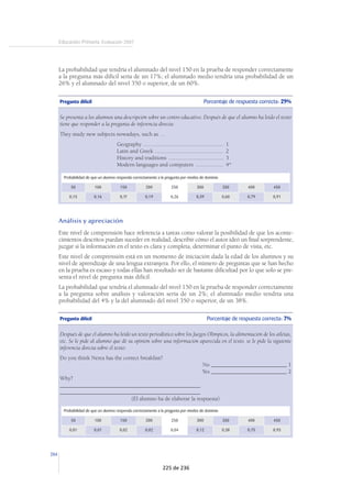 EJEMPLOS DE PREGUNTAS DE CONOCIMIENTO DEL MEDIO NATURAL, 
SOCIAL Y CULTURAL 
A continuación, se presentan como ejemplos tres preguntas por cada el nivel de competencia 
adquirida por el alumnado en las siguientes habilidades y destrezas: Reconocimiento, Com-prensión 
de los procesos y conceptos del mundo natural, social y cultural, Aplicación del 
pensamiento científico y Análisis. 
Reconocimiento 
Si la pregunta más fácil de Reconocimiento hubiera sido respondida por un alumno con 150 
puntos en la prueba, tendría el 68% de probabilidades de responder correctamente. La proba-bilidad 
de respuesta correcta en esta destreza, del alumno medio sería de un 97%. Los alumnos 
con 300 puntos o más tienen una probabilidad del cien por cien de responder correctamente a 
esta pregunta. 
Pregunta más fácil Porcentaje de respuesta correcta: 94% 
De los siguientes instrumentos meteorológicos, ¿cuál es el que mide la cantidad de agua de lluvia caída en un 
lugar? 
50 100 150 200 250 300 350 400 450 
0,22 0,39 0,68 0,90 0,97 1 1 1 1 
Anexo: Preguntas liberadas 175 
Veleta ................................................................... 1 
Pluviómetro ......................................................... 2* 
Termómetro ......................................................... 3 
Anemómetro ........................................................ 4 
Educación Primaria 
Evaluación 2007 
__________________________________________________________________________________________ 
Pregunta más fácil Porcentaje de respuesta correcta: 94% 
Probabilidad de que un alumno responda correctamente a la pregunta por niveles de dominio 
Probabilidad de que un alumno responda correctamente a la pregunta por niveles de dominio 
Anexo: Preguntas liberadas 191 
169 de 236 
 