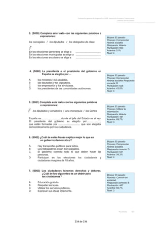 184 
Educación Primaria. Evaluación 2007 
En las preguntas de dificultad intermedia, un alumno con 150 puntos en la prueba tendría el 
22% de probabilidades de responder correctamente, la probabilidad de respuesta correcta del 
alumno medio sería de un 63%, y la de los alumnos con más de 350 puntos tendrían una 
probabilidad del 93% de responder correctamente a esta pregunta. 
Pregunta dificultad intermedia Porcentaje de respuesta correcta: 62% 
Lee y observa estos dos gráficos: 
Población empleada en cada 
sector de producción. 1955 
Población empleada en cada 
sector de producción. 1996 
26% 
46% 
Agricultura 
Industria 
Servicios 
30% 
62% 
8% 
28% 
Qué le ha pasado a la población que se dedica a la agricultura en España entre 1955 y 1996? 
Se ha mantenido estable .......................................................... 1 
Se ha reducido a la mitad ........................................................ 2 
Ha disminuido menos de la mitad .......................................... 3 
Ha disminuido en más de la mitad .......................................... 4* 
Probabilidad de que un alumno responda correctamente a la pregunta por niveles de dominio 
50 100 150 200 250 300 350 400 450 
0,10 0,12 0,22 0,39 0,63 0,83 0,93 0,97 0,99 
178 de 236 
 