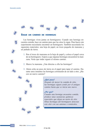 Buscando comida 
SIGUE UN CAMINO DE HORMIGAS 
Las hormigas viven juntas en hormigueros. Cuando una hormiga en-cuentra 
comida, hace un camino para que las otras lo sigan. Para hacer este 
experimento necesitarás encontrar un hormiguero. También necesitarás los 
siguientes materiales: una hoja de papel, un trozo pequeño de manzana y 
un puñado de tierra. 
1. Pon el trozo de manzana en la hoja de papel y coloca el papel cerca 
de un hormiguero. Espera a que algunas hormigas encuentren la man-zana. 
Verás que todas siguen el mismo camino. 
2. Mueve la manzana. ¿Van directas a ella las hormigas? 
3. Ahora echa un poco de tierra en el papel para tapar el camino. Du-rante 
unos instantes las hormigas corretearán de un lado a otro. ¿Ha-cen 
un nuevo camino? 
132 PIRLS 2006. Informe español 
¿Qué pasa? 
Después de mover la comida de sitio, 
las hormigas siguen yendo por el antiguo 
camino hasta que se inicia uno nuevo. 
¿Por qué? 
Cuando una hormiga encuentra comida, 
produce unas sustancias químicas 
especiales que dejan un rastro de olor. 
Otras hormigas del hormiguero detectan 
este olor con sus antenas o tentáculos. 
27 de 236 
 