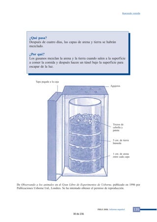 Buscando comida 
¿Qué pasa? 
Después de cuatro días, las capas de arena y tierra se habrán 
mezclado. 
¿Por qué? 
Los gusanos mezclan la arena y la tierra cuando salen a la superficie 
a comer la comida y después hacen un túnel bajo la superficie para 
escapar de la luz. 
De Observando a los animales en el Gran Libro de Experimentos de Usborne, publicado en 1996 por 
Publicaciones Usborne Ltd., Londres. Se ha intentado obtener el permiso de reproducción. 
PIRLS 2006. Informe español 135 
Tapa pegada a la caja 
Agujeros 
Trozos de 
cebolla y 
patata 
5 cm. de tierra 
húmeda 
1 cm. de arena 
entre cada capa 
30 de 236 
 