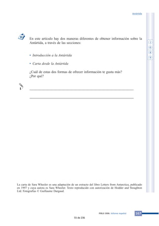 Antártida 
En este artículo hay dos maneras diferentes de obtener información sobre la 
Antártida, a través de las secciones: 
• Introducción a la Antártida 
• Carta desde la Antártida 
¿Cuál de estas dos formas de ofrecer información te gusta más? 
¿Por qué? 
___________________________________________________________ 
___________________________________________________________ 
11 
1 
La carta de Sara Wheeler es una adaptación de un extracto del libro Letters from Antarctica, publicado 
en 1997 y cuya autora es Sara Wheeler. Texto reproducido con autorización de Hodder and Stoughton 
Ltd. Fotografías © Guillaume Dargaud. 
PIRLS 2006. Informe español 167 
1 
0 
8 
9 
55 de 236 
 