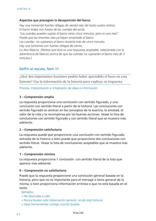 ¬ÓTEM¬ 
z#REESªQUEªELªBUZOªDEBERÓAªHABERSEªSUMERGIDOªLAªSEGUNDAªVEZªª ª 
2ODEAªTUªRESPUESTAªCONªUNªCÓRCULOªª ª ª ª ª 
???ª3Óª ª ª ª ª ª ª ª ª 
???ª.Oªªª ª ª ª ª ª ª ª 
3ACAªDEªLAªHISTORIAªDOSªRAZONESªQUEªTEªHACENªPENSARªASÓª 
0ROCESO¬)NTERPRETACIØN¬E¬INTEGRACIØN¬DE¬IDEAS¬E¬INFORMACIØN 
¬n¬#OMPRENSIØN¬TOTAL 
,A¬RESPUESTA¬PROPORCIONA¬UNA¬EVALUACIØN¬PERSONAL¬BASADA¬EN¬DOS¬FRAGMENTOS¬ 
CON¬INFORMACIØN¬ESPECÓFICA¬TOMADOS¬DEL¬TEXTO¬QUE¬SON¬RELEVANTES¬PARA¬LA¬ 
DECISIØN¬DEL¬BUZO¬6ÏASE¬LA¬LISTA¬DE¬RESPUESTAS¬ACEPTABLES¬QUE¬SE¬INDICA¬A¬ 
CONTINUACIØN¬0UEDE¬QUE¬LOS¬ALUMNOS¬PROPORCIONEN¬UNA¬COMBINACIØN¬DE¬ 
ESTAS¬RAZONES¬3I¬LA¬RESPUESTA¬INCLUYERA¬hSÓv¬Y¬hNOv 