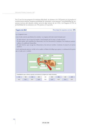 182
Educación Primaria. Evaluación 2007
En el caso de una pregunta de máxima dificultad, un alumno con 150 puntos en la prueba no
tendría prácticamente ninguna posibilidad de responder correctamente, la probabilidad de res-
puesta correcta del alumno medio sería de algo menos de un 10% y no llegaría al 45% la
probabilidad de los alumnos con 350 puntos en la prueba.
Pregunta más difícil Porcentaje de respuesta correcta: 12%
Lee el siguiente texto:
Con el oído externo percibimos los sonidos. Los órganos del oído están formados por:
- El oído externo, que recoge los sonidos. Está formado por la oreja y el oído externo.
- El oído medio, que transmite las vibraciones. En él se encuentran el tímpano, los conductos semicir-
culares y la cadena de huesecillos.
- El oído interno, que recoge las vibraciones y las envía al cerebro. Contiene el caracol y el nervio
auditivo.
Con la información anterior, escribe en los cuadros en blanco del dibujo que aparece a continuación las partes
que, en cada caso se señalan.
Probabilidad de que un alumno responda correctamente a la pregunta por niveles de dominio
50 100 150 200 250 300 350 400 450
0,01 0,01 0,01 0,03 0,08 0,18 0,44 0,73 0,91
oído oído oído
176 de 236
 