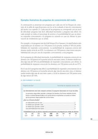 Ejemplos ilustrativos de preguntas de conocimiento del medio
A continuación se presentan tres preguntas por cada uno de los bloques de conte-
nido de la tabla de especificaciones con los se ha evaluado el área de conocimiento
del medio (ver capítulo 2). Cada una de las preguntas se corresponde con un nivel
de dificultad: pregunta más fácil, dificultad intermedia y pregunta más difícil. En
cada ejemplo se indica el porcentaje de aciertos y la probabilidad de que un alum-
no responda correctamente a la pregunta en cuestión en caso de obtener la pun-
tuación de rendimiento que se señala.
Por ejemplo, si la pregunta más fácil del bloque El ser humano y la salud hubiera sido
respondida por un alumno con 150 puntos en la prueba, tendría el 50% de proba-
bilidades de responder correctamente. La probabilidad de respuesta correcta del
alumno medio sería de un 95%. Los alumnos con 350 puntos o más tienen una pro-
babilidad del cien por cien de responder correctamente a esta pregunta.
En la pregunta de dificultad intermedia, la probabilidad de respuesta correcta de un
alumno con 150 puntos en la prueba sería de una entre cuatro; el alumno medio ten-
dría algo más del 50% de probabilidades de responder correctamente; por último, la
probabilidad de respuesta correcta de los alumnos con 350 puntos sería de un 87%.
En el caso de la pregunta más difícil, la probabilidad de responder correctamente de un
alumno con 150 puntos en la prueba sería de algo más de una entre cinco; el alumno
medio tendría algo más de una entre cuatro, y la de los alumnos con 350 puntos sería
de algo menos del 50%.
EL SER HUMANO Y LA SALUD
33
Pregunta más fácil Porcentaje de respuesta correcta: 91%
Lee detenidamente este texto; después contesta a la pregunta relacionada con lo que has leído.
Las personas ciegas deben aprender a distinguir los tamaños y las formas mediante el tacto.
Existe un sistema llamado Braille, en el cual las letras se representan con puntos en relieve
que las personas ciegas pueden leer con las manos.
¿Qué es el Sistema Braille?
Un medicamento para los ojos ..................................................................................................1
Un método para aprender a leer...............................................................................................2*
Un método para aprender a bailar............................................................................................3
Una enfermedad del nervio óptico ............................................................................................4
Probabilidad de que un alumno responda correctamente a la pregunta por niveles de dominio
50 100 150 200 250 300 350 400 450
0,19 0,27 0,51 0,80 0,95 0,99 1 1 1
199 de 236
 