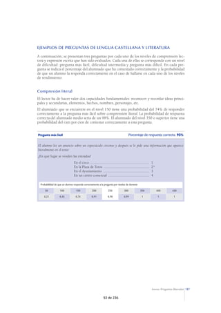 187Anexo: Preguntas liberadas
EJEMPLOS DE PREGUNTAS DE LENGUA CASTELLANA Y LITERATURA
A continuación, se presentan tres preguntas por cada uno de los niveles de comprensión lec-
tora y expresión escrita que han sido evaluados. Cada una de ellas se corresponde con un nivel
de dificultad: pregunta más fácil, dificultad intermedia y pregunta más difícil. En cada pre-
gunta se indica el porcentaje del alumnado que ha contestado correctamente y la probabilidad
de que un alumno la responda correctamente en el caso de hallarse en cada uno de los niveles
de rendimiento.
Compresión literal
El lector ha de hacer valer dos capacidades fundamentales: reconocer y recordar ideas princi-
pales y secundarias, elementos, hechos, nombres, personajes, etc.
El alumnado que se encuentre en el nivel 150 tiene una probabilidad del 74% de responder
correctamente a la pregunta más fácil sobre comprensión literal. La probabilidad de respuesta
correcta del alumnado medio sería de un 98%. El alumnado del nivel 350 o superior tiene una
probabilidad del cien por cien de contestar correctamente a esta pregunta.
Pregunta más fácil Porcentaje de respuesta correcta: 95%
El alumno lee un anuncio sobre un espectáculo circense y después se le pide una información que aparece
literalmente en el texto:
¿En qué lugar se venden las entradas?
En el circo ................................................................. 1
En la Plaza de Toros .................................................. 2*
En el Ayuntamiento .................................................. 3
En un centro comercial ............................................. 4
Probabilidad de que un alumno responda correctamente a la pregunta por niveles de dominio
50 100 150 200 250 300 350 400 450
0,21 0,45 0,74 0,91 0,98 0,99 1 1 1
92 de 236
 