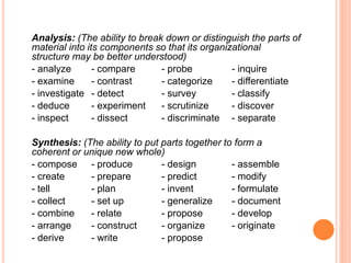 Analysis: (The ability to break down or distinguish the parts of
material into its components so that its organizational
structure may be better understood)
- analyze - compare - probe - inquire
- examine - contrast - categorize - differentiate
- investigate - detect - survey - classify
- deduce - experiment - scrutinize - discover
- inspect - dissect - discriminate - separate
Synthesis: (The ability to put parts together to form a
coherent or unique new whole)
- compose - produce - design - assemble
- create - prepare - predict - modify
- tell - plan - invent - formulate
- collect - set up - generalize - document
- combine - relate - propose - develop
- arrange - construct - organize - originate
- derive - write - propose
 