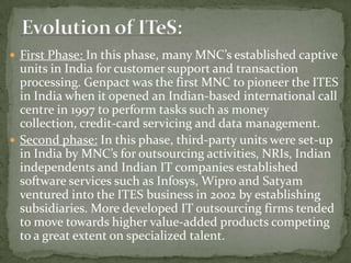  First Phase: In this phase, many MNC’s established captive
  units in India for customer support and transaction
  processing. Genpact was the first MNC to pioneer the ITES
  in India when it opened an Indian-based international call
  centre in 1997 to perform tasks such as money
  collection, credit-card servicing and data management.
 Second phase: In this phase, third-party units were set-up
  in India by MNC’s for outsourcing activities, NRIs, Indian
  independents and Indian IT companies established
  software services such as Infosys, Wipro and Satyam
  ventured into the ITES business in 2002 by establishing
  subsidiaries. More developed IT outsourcing firms tended
  to move towards higher value-added products competing
  to a great extent on specialized talent.
 