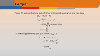 Example :
Process 4-1 is constant volume. So the first law for the closed system gives, on a mass basis,
Q mC T T
q
Q
m
C T T
kJ
kg K
K
kJ
kg
out v
out
out
v
 
  




( )
( )
. ( . )
.
4 1
4 1
0 718 12888 290
7171
The first law applied to the cycle gives (Recall ucycle = 0)
w q q q
kJ
kg
kJ
kg
net net in out
  
 

( . )
.
1727 717 4
1009 6
 