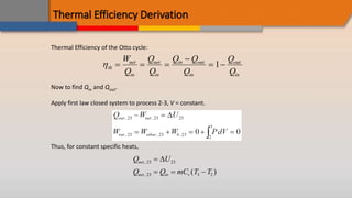 Thermal Efficiency Derivation
Thermal Efficiency of the Otto cycle:
th
net
in
net
in
in out
in
out
in
W
Q
Q
Q
Q Q
Q
Q
Q
  

 
1
Now to find Qin and Qout.
Apply first law closed system to process 2-3, V = constant.
Thus, for constant specific heats,
Q U
Q Q mC T T
net
net in v
,
, ( )
23 23
23 3 2

  

 