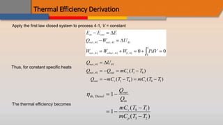 Thermal Efficiency Derivation
Apply the first law closed system to process 4-1, V = constant
Thus, for constant specific heats
Q U
Q Q mC T T
Q mC T T mC T T
net
net out v
out v v
,
, ( )
( ) ( )
41 41
41 1 4
1 4 4 1

   
    

The thermal efficiency becomes
th Diesel
out
in
v
p
Q
Q
mC T T
mC T T
,
( )
( )
 
 


1
1 4 1
3 2
 