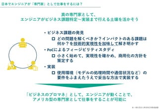 © 一般社団法人新技術応用推進基盤
日本でエンジニアが「専門家」として仕事をするには？
真の専門家として、
エンジニアがビジネス課題特定～実装まで行える土壌を活かそう
• ビジネス課題の発見
 どの問題を解くべきか？インパクトのある課題は
何か？を技術的実現性を加味して解き明かす
• PoCによるフィージビリティスタディ
 小さく始めて、実現性を確かめ、商用化の方針を
策定する
• 実装
 使用環境（モデルの処理時間や通信状況など）の
要件をふまえたうえで妥当な方法で実装する
「ビジネスのプロマネ」として、エンジニアが動くことで、
アメリカ型の専門家として仕事をすることが可能に
 