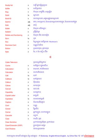 Buddy list              n      បញ អ7 ស7ទBសល
                                 Ž     )  7

Buffer                  n      សត)កទនប

Bug                     n       ហស ( មវ )ធ), សតSលត
                                                 “)

Build                   tv     សបន

Build ID                n      គល សបន, អត+សញណសបន
                                            š

Built-In                adj    ជប, មនកសប, ខដលបនសបនខង 7ង, ខដលមនគR 7ង

Bulk                    adj    ជដ

Bullet                  n      ចណច (គដ%មឃ)

Bulletin                n      កពCត+)ប$កត

Bullets and Numbering   n      ចណច ន)ង គល គរvង

Burn                    tv     ដត

Bus                     n      ខ hបញន (គល%ករគម: Mainboard )
                                    HŽ     +

Business Card           n      បណ• ពណជ
                                     )

Button                  n      កបអប(ចច), ក‘បចច

Byte                    n      ឆប, ១ ឆប គស% ៨ បuត


                                                    C

Cable Television               ទHរទសhន…ខ hកប

Cache                   n      សត)ភប ( 7ងឈប)
                                   Ž

Calculation             n       ណន, ករ )តគល

Calculator              n      ឧប រ )តគល

Call                    tv     គ›

Callback                tv     គ›កតលប

Callout                 n      ប‡តគបQ ង

Calves                  n      សយ Hន

Cancel                  tv     គបPបង

Capability              n      សមតភព

Capital Letter          n      អ hរធ

Capitalize              tv     សរគសរអ hរធ

Caption                 n      ចណងគជ%ងភប
                                       Ž

Card                    n      បណ•

Career                  n      វ )ជជវP
                                   Ž

Carrier                 n      អ7 ជញន, ឧប រជញន
                                    HŽ       HŽ
Cascade                 n      ល¡

Case                    n       រណ, ធង

Case Sensitive                 កបកនអ hរធតHច, កបកនរស

Case/Character (OOP)           ប—Hរល •ណ’អ hរ

Cast Shadow                    គចលកសគមល



  វចននក ម អយធ អងគ ស-ខ រ-អងគ ស IT Dictionary English-Khmer-English, by Chhor Ran 12 គ   លដបអតបទ
 