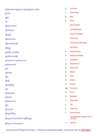 tv    Syndicate
,8ត,8ង(គអយ),hពS,–យ, ,+ល,hពS,–យ, បញប
                                  Ž
                                                                     n     Assembling
,8 (ករ)
                                                                     tv    Map
,8H,8ង
                                                                     tv    Send
គ,±%

                                                                           Send To Back
   %
គ,±កតលបគកកយ

                                                                           Send Backward
   %
គ,±គ     គកកយ

                                                                           Send Immediately
   %
គ,±បនន
     #

                                                                           Send Later
   %
គ,±គពលគកកយ

                                                                           Send Unsent Messages
គ,±សរ ម)នទនគ,±%
   %

                                                                           Send Now
   %
គ,±ឥឡHវ

                                                                     tv    Assign (Value)
,—លតឆល, ដ តឆល
                                                                     tv    Initialize (Variable)
,—លតឆលចបគ,—%ម
                                                                     n     Suggestion
,—លគយបល, បណលគយបល
           +
                                                                     tv    Recommend
,—លអនសសន…
                                                                     tv    Disconnect
†ច
 —
                                                                     tv    Detach
†ចគចញ
 —
                                                                     tv    Start
គ,—%ម
                                                                     tv    Initiate
   %
គ,—ម<
                                                                     tv    Restart
គ,—មគឡ%ងវ )ញ
   %
                                                                     adj   Horizontal
គ,—
                                                                     tv    Focus
គ†តអរមណ
  —    …
                                                                     tv    Replicate
  )
,+តចលង
                                                                     n     Replication
  )
,+តចលង (ករ)
                                                                     n     Tab
†ង
 #
                                                                     n     Task Pane
†ងករងរ
 #
                                                                     n     Control Panel
†ងកត•តព)ន)ត(
 #
                                                                           API(Application Programmer's
†ងកបទ
 #          ឆនសគណរ រ   មវ )ធអនវត+                                          Interface)

                                                                     n     Interface
†ងកបទ , ចណចកបទ
 #



  វចននក ម អយធ អងគ ស-ខ រ-អងគ ស IT Dictionary English-Khmer-English, by Chhor Ran 122 គ       លដបអតបទ
 