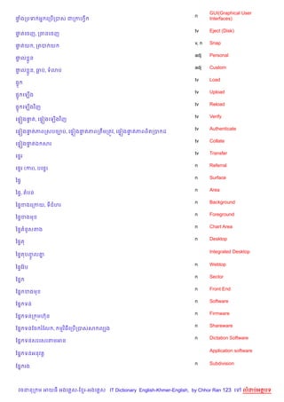 GUI(Graphical User
                                                                    n
†ងកបទ អ7 គកប%កបស ជកកហS
 #                                                                         Interfaces)

                                                                    tv     Eject (Disk)
†តគចញ, កចនគចញ
 #
                                                                    v, n   Snap
†តយ , កតប យ
 #
                                                                    adj    Personal
†ល * ន
 #
                                                                    adj    Custom
†ល * ន, ធប, ទ3ប
 #
                                                                    tv     Load
,#
                                                                    tv     Upload
,# គឡ%ង
                                                                    tv     Reload
,# គឡ%ងវ )ញ
                                                                    tv     Verify
គ,#˜ង†ត, គ,#˜ងគឡ%ងវ )ញ
      #
                                                                    tv     Authenticate
គ,#˜ង†តភពកសបច¡ប, គ,#˜ង†តភពកតCមកតqវ, គ,#˜ង†តភពព)តកប ដ
      #                #                  #
                                                                    tv     Collate
គ,#˜ង†តឯ សរ
      #
                                                                    tv     Transfer
គ,#រ
                                                                    n      Referral
គ,#រ (ករ), បគន#រ
                                                                    n      Surface
ឆ,#
                                                                    n      Area
ឆ,#, តបន
                                                                    n      Background
ឆ,#ខងគកកយ, ទជហរ
                                                                    n      Foreground
ឆ,#ខងម
                                                                    n      Chart Area
ឆ,# នHសតង
                                                                    n      Desktop
ឆ,#ត

                                                                           Integrated Desktop
ឆ,#តបញល‘
      HF 7

                                                                    n      Webtop
ឆ,#ខវ Qប
                                                                    n      Sector
ខ,7
                                                                    n      Front End
ខ,7 ខងម
                                                                    n      Software
ខ,7 ទន
                                                                    n      Firmware
ខ,7 ទនក ¨មហuន
                                                                    n      Shareware
ខ,7 ទនខច រខល ,     មវ )ធគកប%កបសស លGង
                                                                    n      Dictation Software
ខ,7 ទនសរគសរតមអន

                                                                           Application software
ខ,7 ទនអនវត+

                                                                    n      Subdivision
ខ,7 រង



 វចននក ម អយធ អងគ ស-ខ រ-អងគ ស IT Dictionary English-Khmer-English, by Chhor Ran 123 គ      លដបអតបទ
 