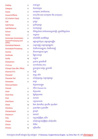 Catalog                    n    កតឡ

Category                   n    ចណតក ¨ម

Cause                      n    គហតគភទ, គភទឆនគហត

Cause & Effects            n    គហត ន)ង ,ល (គហតគភទ ន)ង គហត,ល)

CC (Carbon Copy)           n    ចលងជHន

Cell                       n    ក ឡ

Cell Pointer               n    កទន)ចក ឡ

Cell Reference             n    គយងក ឡ

Censor                     tv   ព)ន)ត(សគរច (កខសតទស–នវដ+), កត•តព)ន)ត(សគរច

Center                     n     ណល
                                  —

Centimeter (Centimetre)    n    ស)ន<…មគរ %, សងទខមQកត
Central Processing Unit         អង8បញ ពHល, អង8បញមជkCម
                                     Ž          Ž
                           n
(CPU)
Centralized Network        n    បណញ,+, បណញមជ®ករ
                                  —      —

Centralized Processing     n    ដគណរករមជ®ករ, ដគណរករ,+
                                   %            %

Centrist                   n    ន)យម ណល (អ7 )
                                      +

Certificate                n    វ )ញបនបកត
                                    š

Certify                    tv   បញŽ

Chairperson                n    កបធន, អ7 អធ)បត

Challenge                  n    ស        3ង (ករ)

Change Case (Ms. Office)        ប—Hរល •ណ’អ hរ, ប+Hរ រណ

Channel (TV)               n    បQស+¯

Character                  n    អ hរ, ចរ )

Character Set              n    សណត*អ hរ,       ញបត*អ hរ
                                                 F

Characters                 n    អ hរ

Charcoal Sketch                  នHសវសធ(Hង

Charset                    n    គម%ល Character Set

Chart                      n     នHសតង

Chart Area                 n    ឆ,# នHសតង

Chat                       iv   សសង

Chat Room                  n    បន#បសសង

Check                      tv   ខ6 , ខ6 គម%ល,    Hស< ,   Hសខ6

Checkbox                   n    កបអបខ6 , កបអប<

Checkerboard               n    ករអ
                                 —

Checksum                   n    គ6 ស

Chip                       n    បន#Pគសv SតHច, ឈប

Chipset                    n    សណបន#Pគសv SតHច, សណឈប

Choice                     n    ជគរ %ស

Choose                     tv   គកជ%សគរ %ស



  វចននក ម អយធ អងគ ស-ខ រ-អងគ ស IT Dictionary English-Khmer-English, by Chhor Ran 13 គ   លដបអតបទ
 