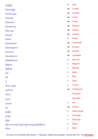 tv    Undo
ម)នគធS%វ )ញ
                                                                    adj   Unready
ម)នបនគកត˜ម
                                                                    adj   Unvisited
ម)នបនទសhន
                                                                    adj   Unsent
ម)នបនគ,±%
                                                                    adj   Unread
ម)នបនអន
                                                                    adj   Defective
ម)នគពញគលញ
                                                                    adj   Improper
ម)នសមរម(
                                                                    adj   Unknown
ម)នសល
    8
                                                                    tv    Disable
ម)នអច
                                                                    adj   Unreachable
ម)នអចគ        ដល
                                                                    adj   Runaway
ម)នអចបញបន
       Ž
                                                                    adj   Disabled
ម)នអចបន
                                                                    adj   Unreadable
ម)នអចអនបន
                                                                    tv    Ignore All
ម)នគអ%គព%ទងអស
                                                                    n     Milligrams
ម)លកកម
                                                                    n     Millimeter
ម)លខមQកត
                                                                    n     Media
ម‹
                                                                    n     MIDI
មឌ
                                                                    n     Angle
ម
                                                                    n     Function
ម ងរ, អន ម
                                                                    adj   Professionnal
ម ជនញ

                                                                          Occupation
ម របរ

                                                                          Occupation
ម របរ

                                                                    n     Item
ម របស
                                                                    adj   Previous
មន
                                                                    n     Rotation Angle
មបងS)ល
                                                                    n     Final Angle
មបញប
   F
                                                                    n     Start Angle
   %
មគ,—ម
                                                                    n     Modem
មQHដCម, ឧប រ ណលភប ព(Hគរ % គ
              + Ž             បណញអ)នគរ %ខណត
                                +

មQHខដល                                                              n     Model



 វចននក ម អយធ អងគ ស-ខ រ-អងគ ស IT Dictionary English-Khmer-English, by Chhor Ran 131 គ       លដបអតបទ
 