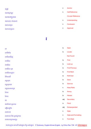 n     Anchor
យថŒ
                                                                       n     Cell Reference
គយងក ឡ

                                                                             Circular Reference
គយងគ       * នឯង
                                                                       n     Understanding
គយបល, ករយល
                                                                       n     Conclusion
គយបលរ*ម
                                                                       n     Approval
គយបលកសប




                                                   រ

                                                                       tv    Seek
រ
                                                                       tv    Locate
រ ទតង

                                                                             Not Found
រ ម)នគm%ញ

                                                                       tv    Find
រ គម%ល
                                                                       tv    Look up
រ គម%ល
                                                                       tv    Find Previous
រ គម%ល មន
                                                                       tv    Find Next
រ គម%លបនប
        #
                                                                       tv    Roll Over
រ )លគល%
                                                                       tv    Save
រ –ទ
                                                                       tv    Save as
រ –ទ ជ
                                                                       n     Keep Ratio
រ –សមមកត
                                                                       tv    Annoy
រខន
                                                                       tv    Harass
រខន
                                                                       adj   Secondary
រង
                                                                       iv    Pend
រងចគដPកសយ
                                                                       adj   Extraexpanded
រគងS%លខង
                                                                       n     Style
រចនប<
                                                                       n     Style and Formatting
រចនប< ន)ង កទងកទយ

រចនប<ក មអ hរ                                                           n     Font Style



    វចននក ម អយធ អងគ ស-ខ រ-អងគ ស IT Dictionary English-Khmer-English, by Chhor Ran 134 គ       លដបអតបទ
 